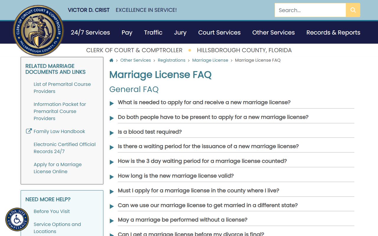 Brandon marriage license FAQ on Hillsborough County Clerk website