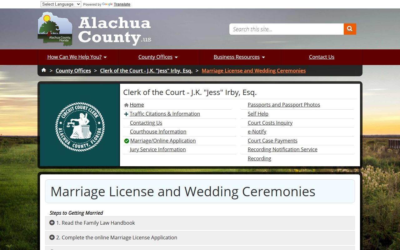 Gainesville marriage license page on Alachua County Clerk website