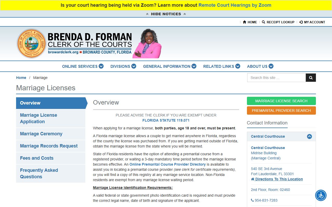 Lauderhill marriage license records on Broward County Clerk website