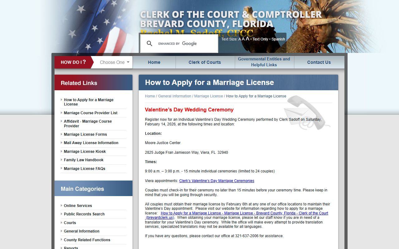 Melbourne marriage license information on the Brevard County Clerk of Courts website