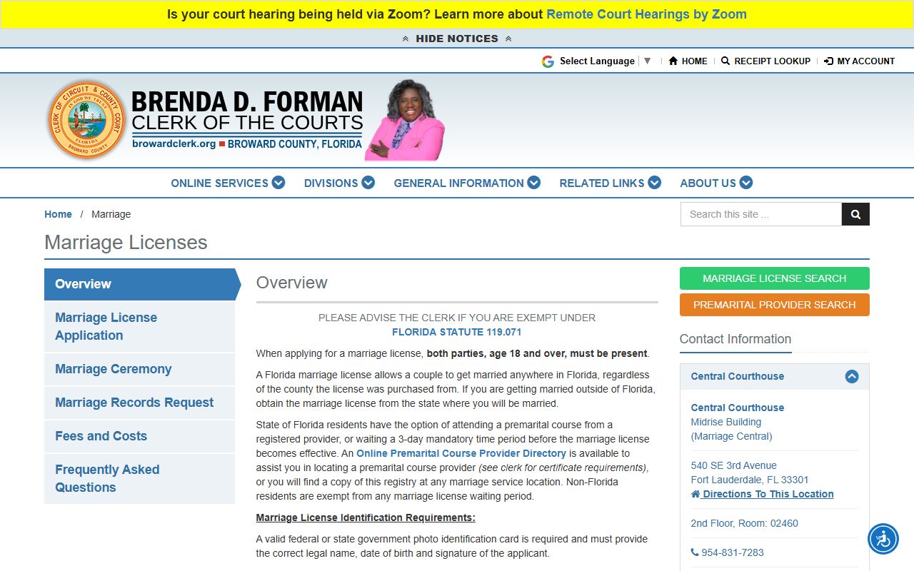 Plantation marriage license information on Broward County Clerk website
