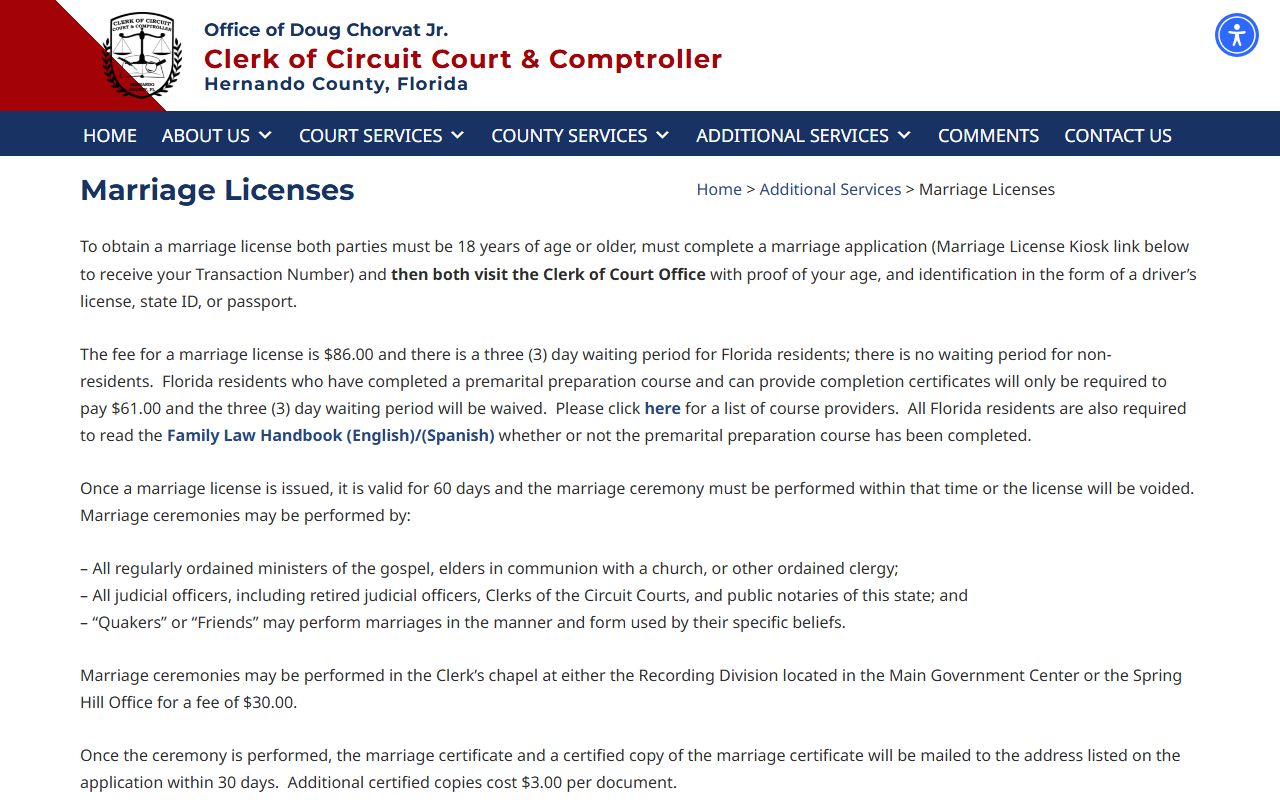 Spring Hill marriage license page on Hernando County Clerk website