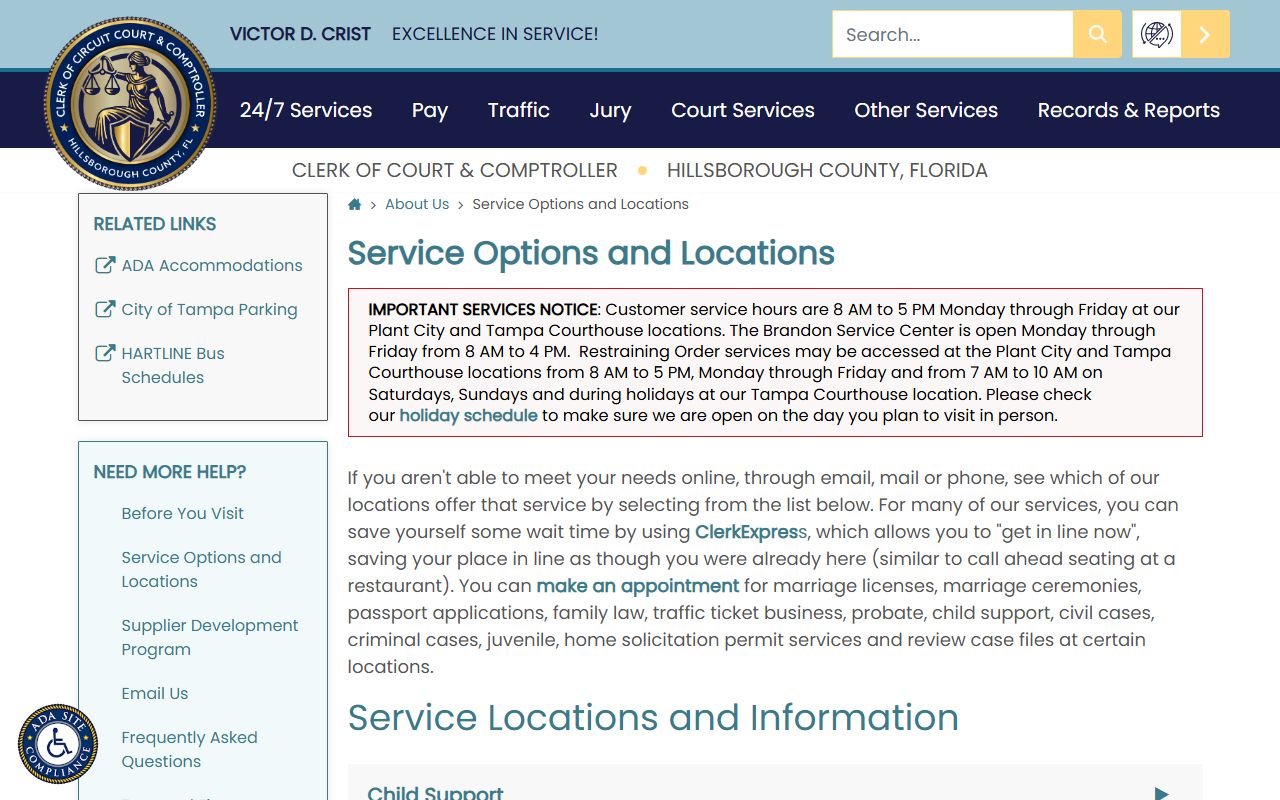 Tampa Hillsborough County Clerk service locations for marriage license