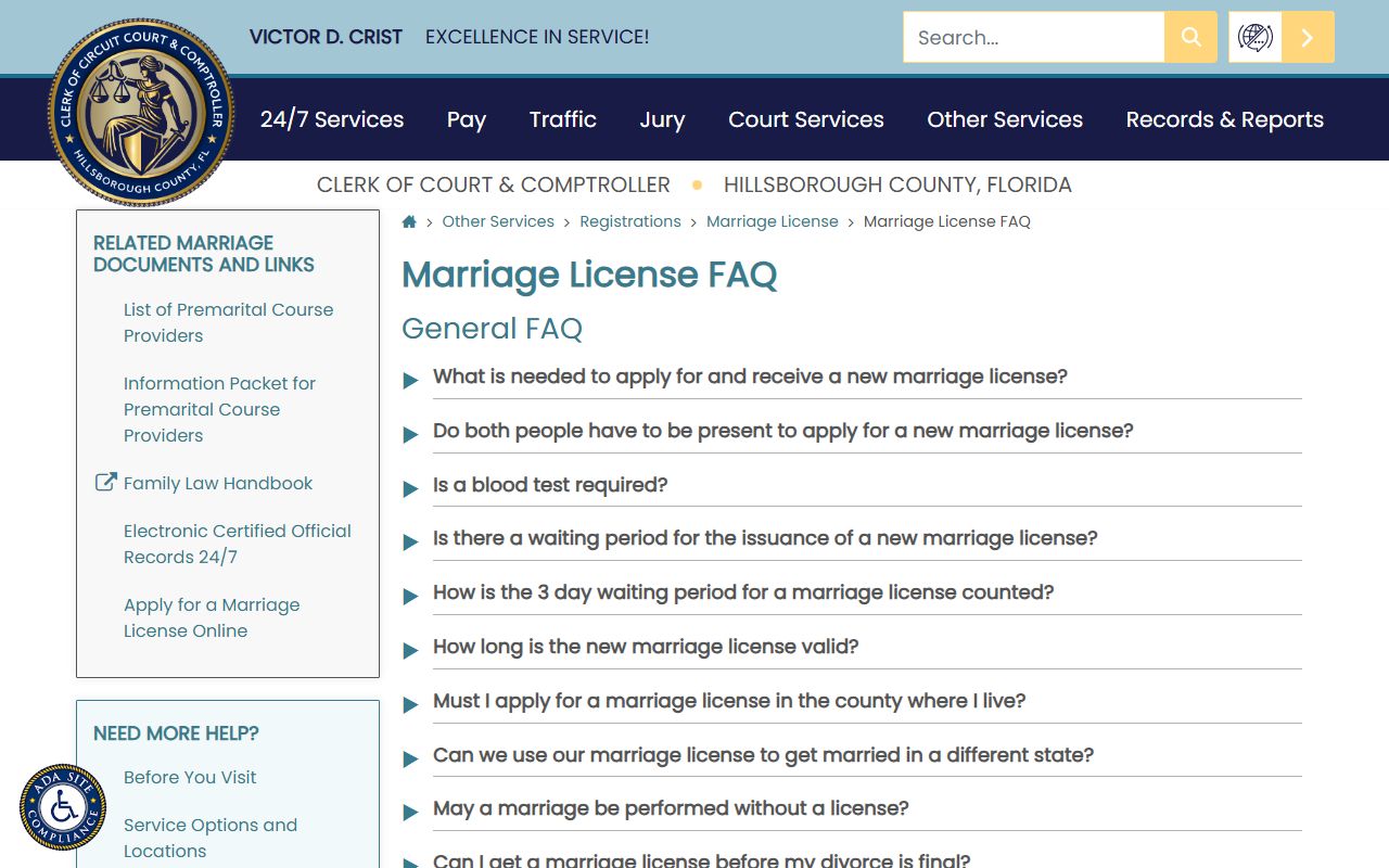 Town 'n' Country marriage license FAQ on the Hillsborough County Clerk website