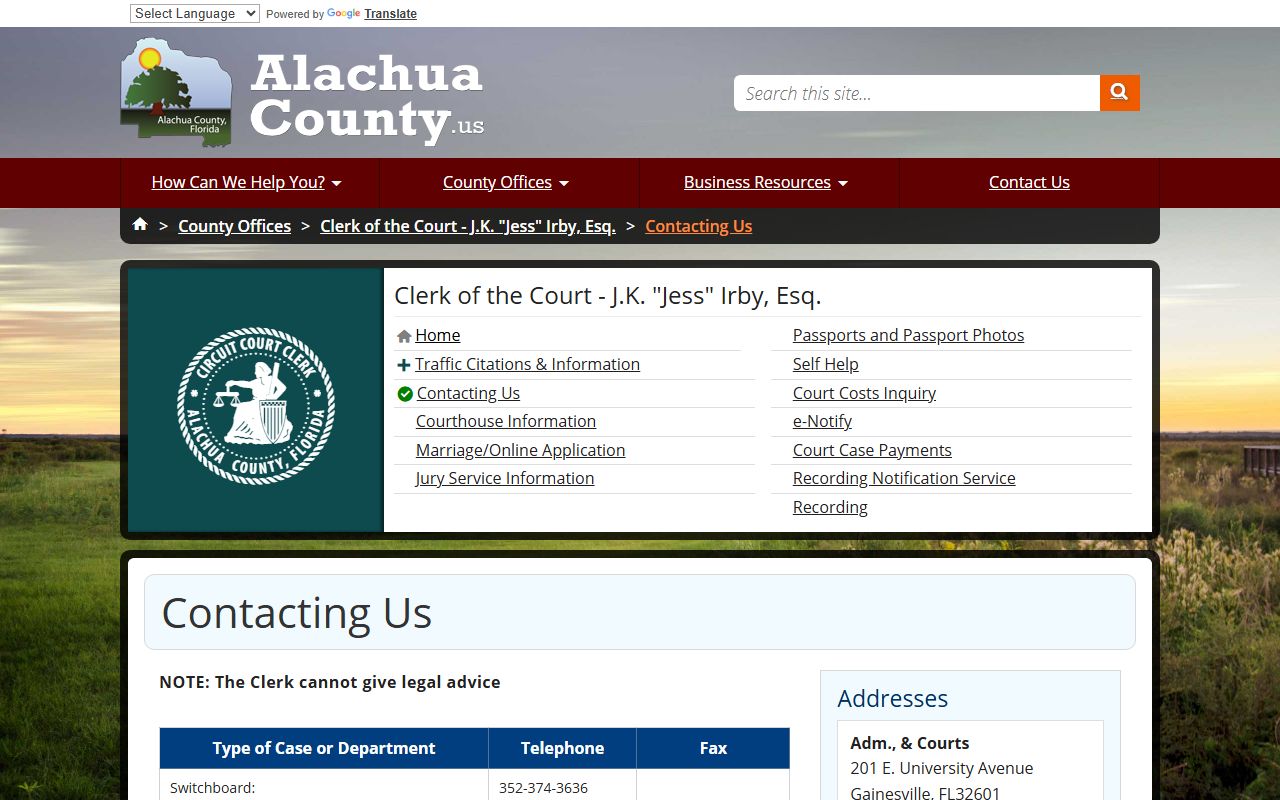 Alachua County Clerk contact page for marriage license inquiries