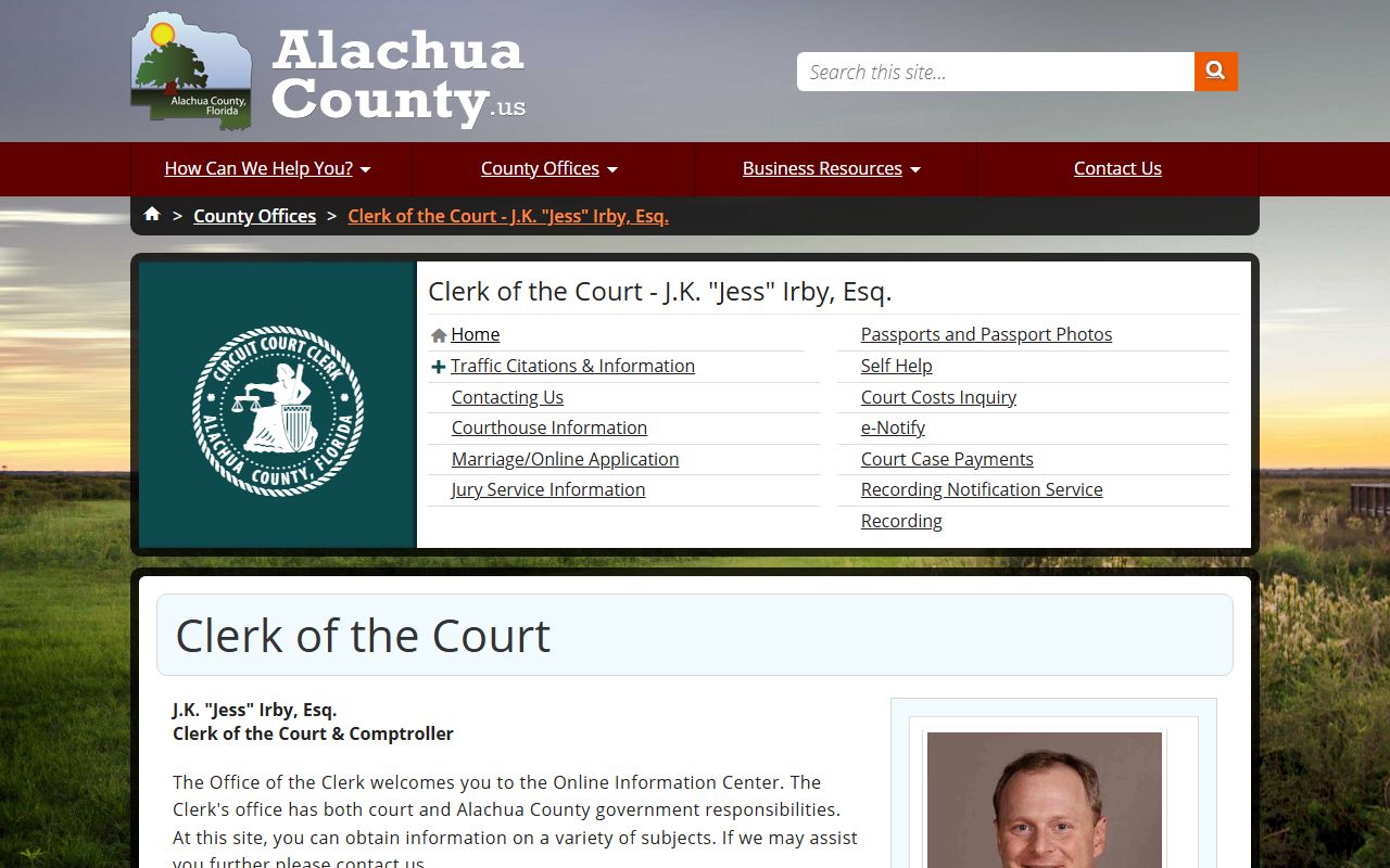 Alachua County Clerk homepage for marriage license records
