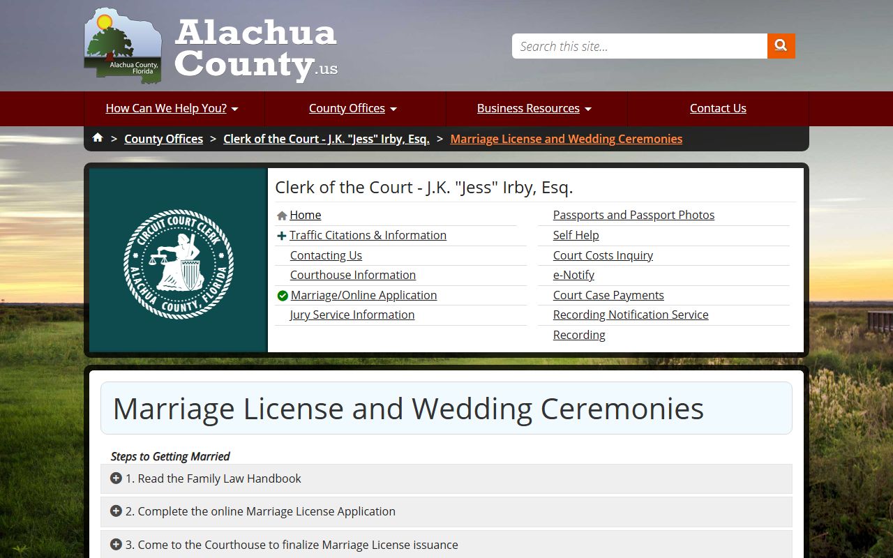 Alachua County Clerk marriage license application page