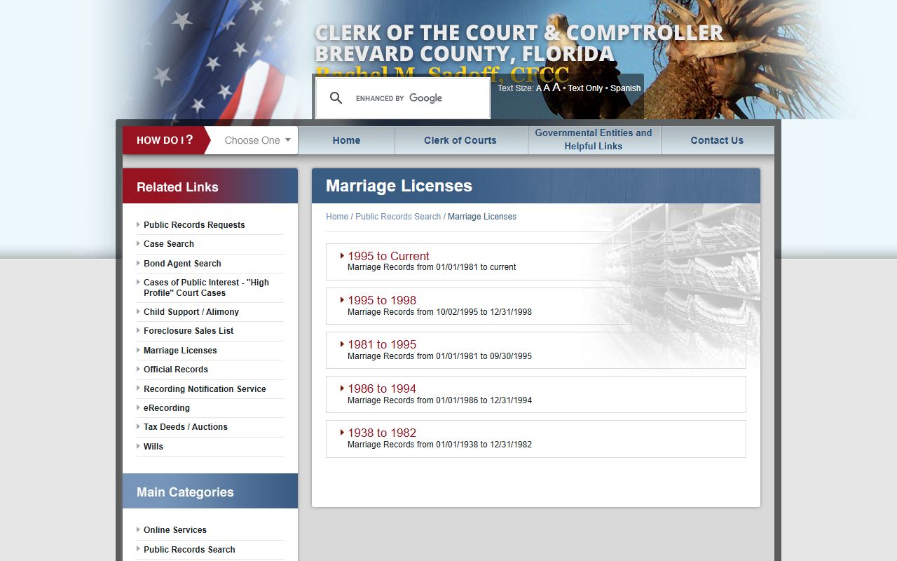 Brevard County Clerk marriage license search page