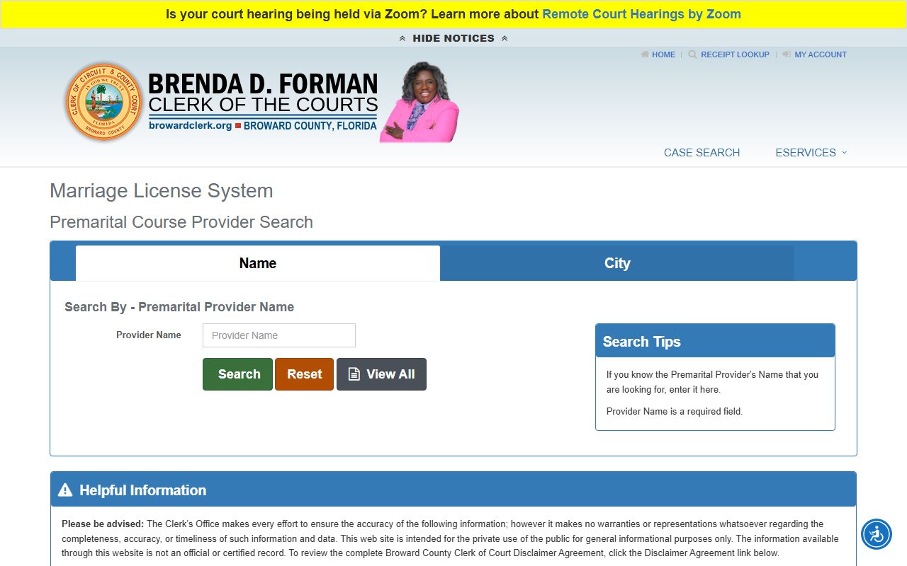 Broward County Clerk premarital course provider search tool