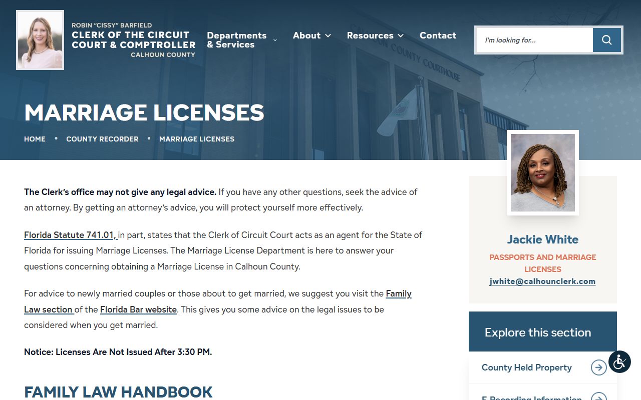 Calhoun County Clerk marriage license information page