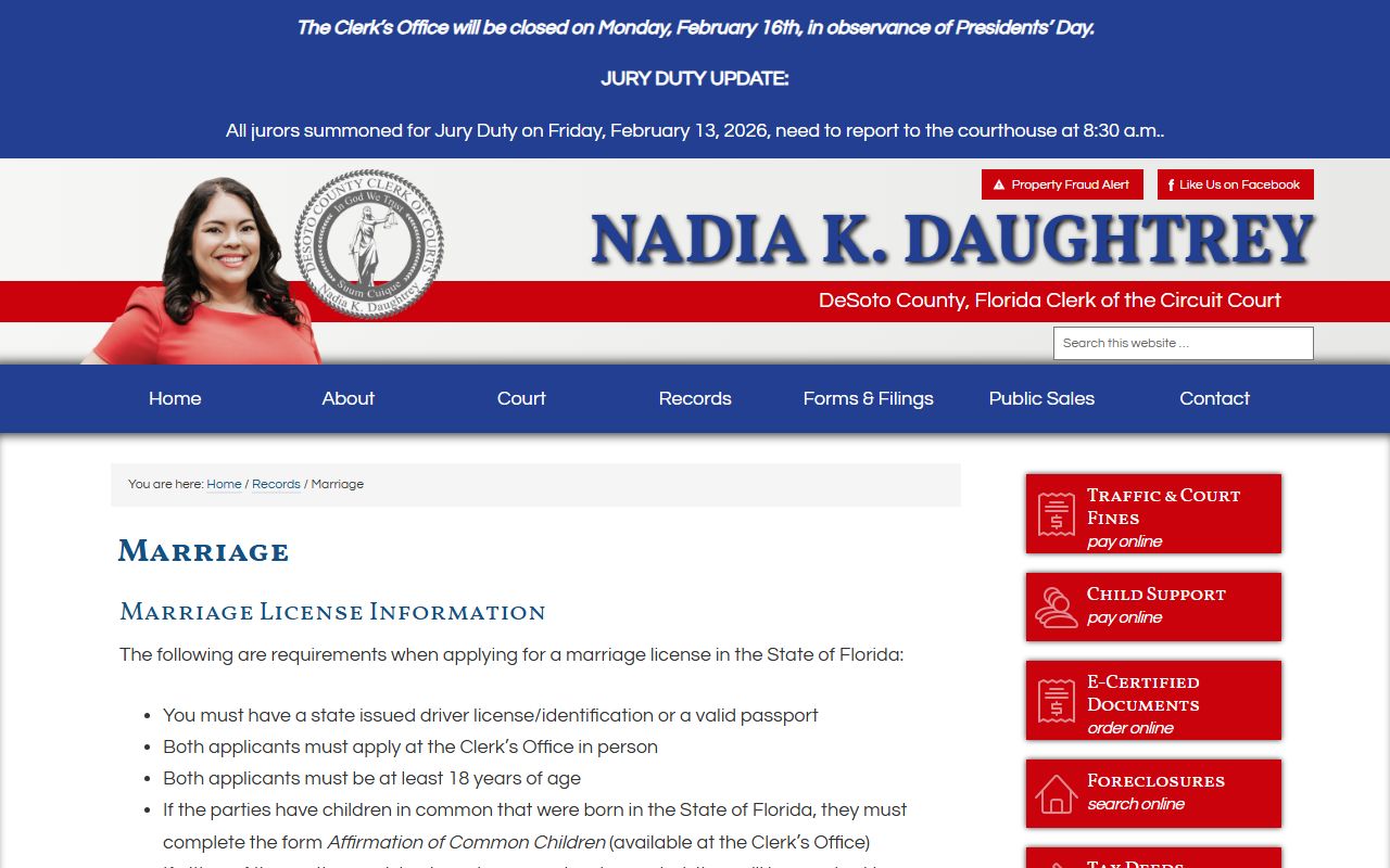 DeSoto County Clerk marriage records page for marriage license applications