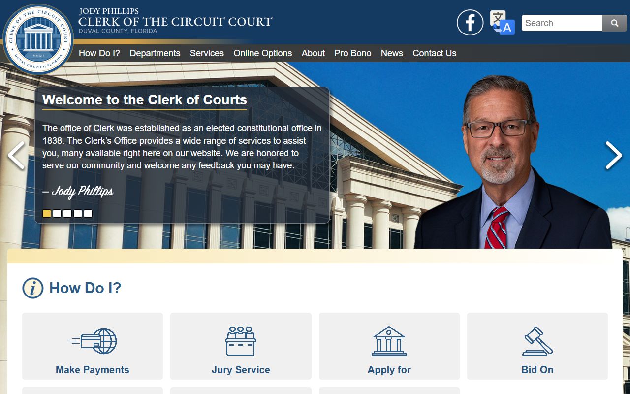 Duval County Clerk homepage showing marriage license and county services