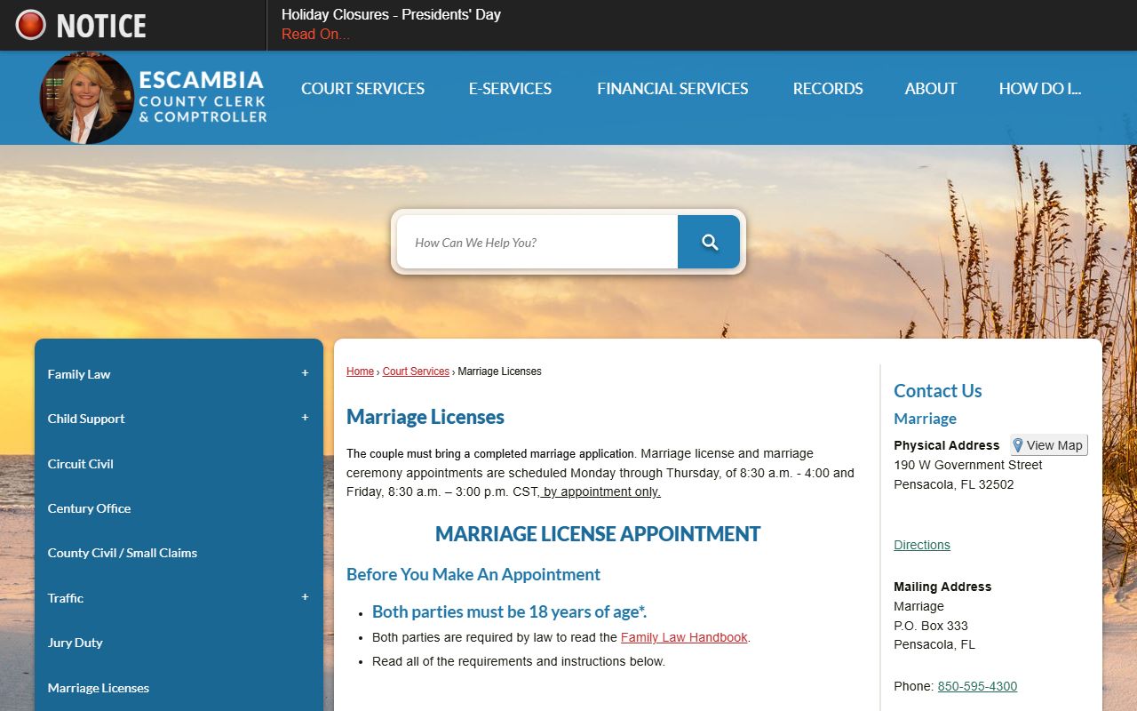 Escambia County Clerk marriage license page showing appointment requirements