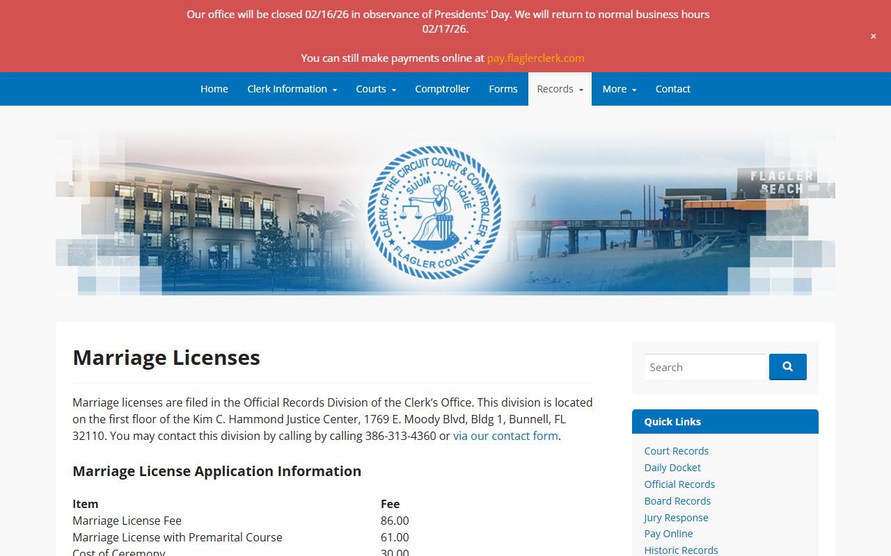 Flagler County Clerk marriage license page with requirements and fees