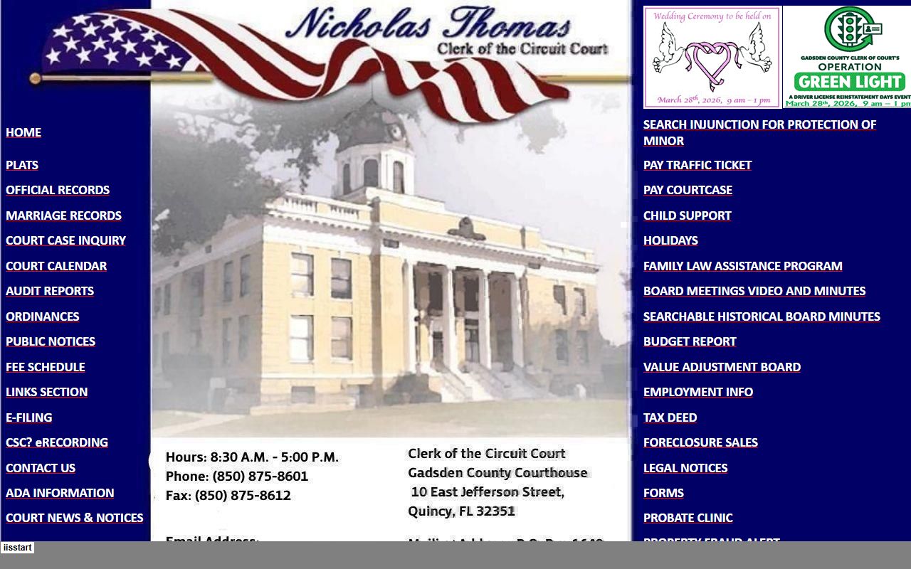 Gadsden County Clerk homepage with marriage license service information