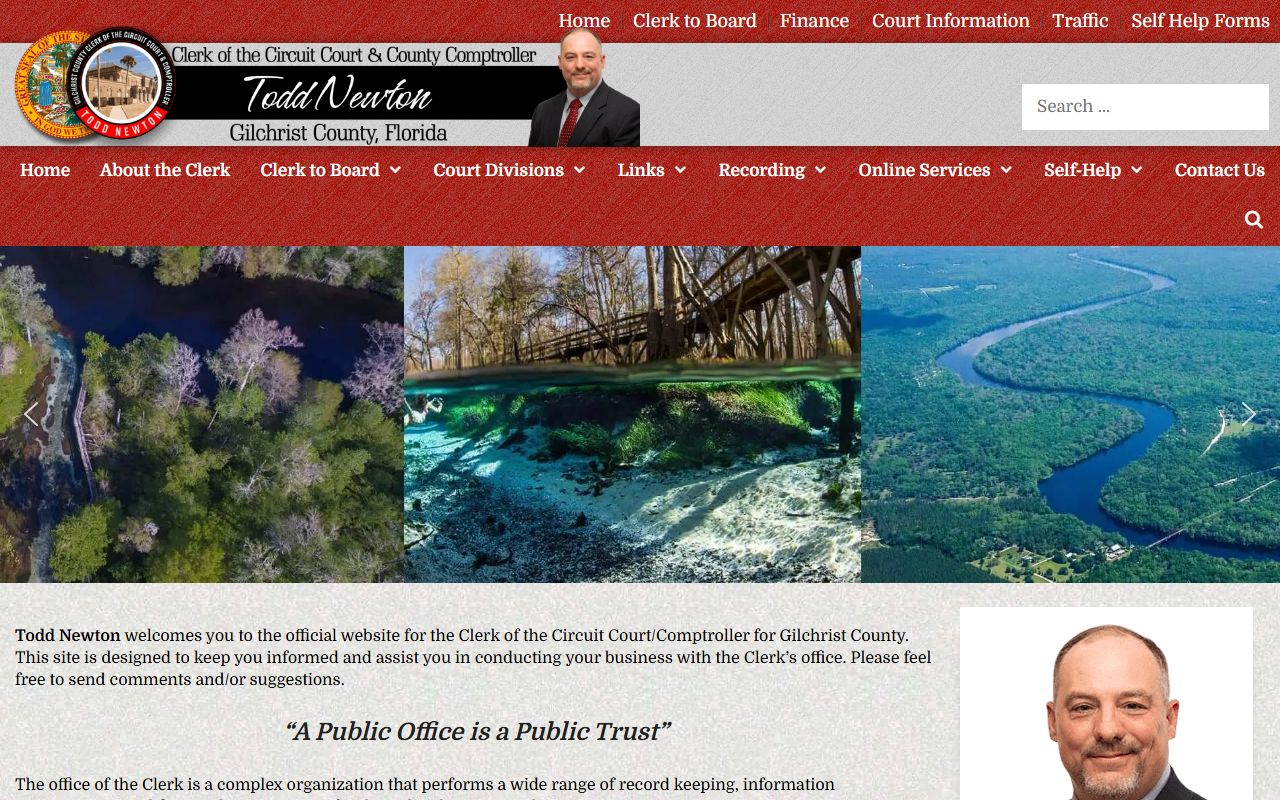 Gilchrist County Clerk homepage showing marriage license information and services