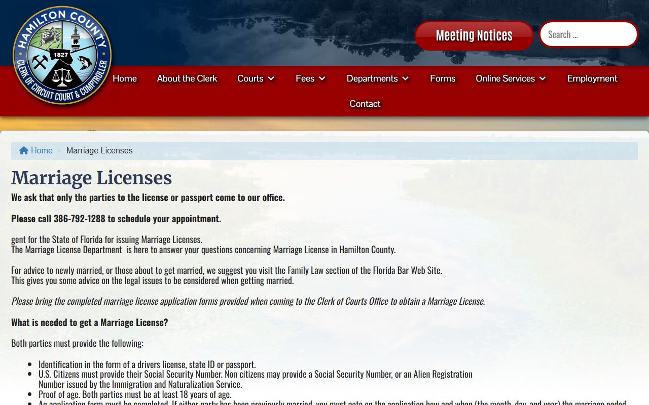 Hamilton County Clerk marriage license information page