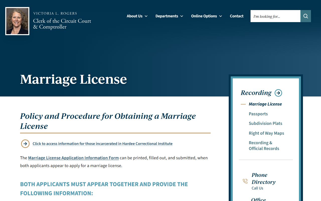 Hardee County Clerk marriage license information page