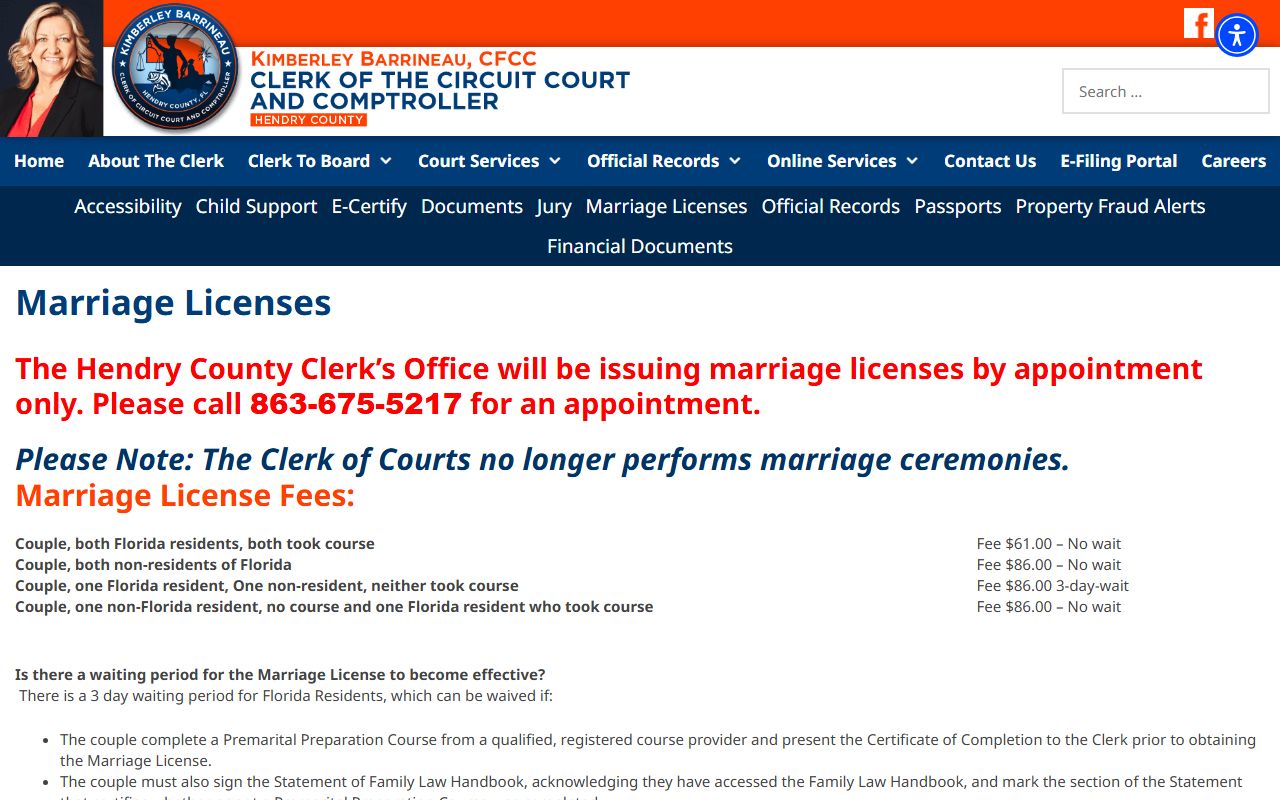 Hendry County Clerk marriage license information page