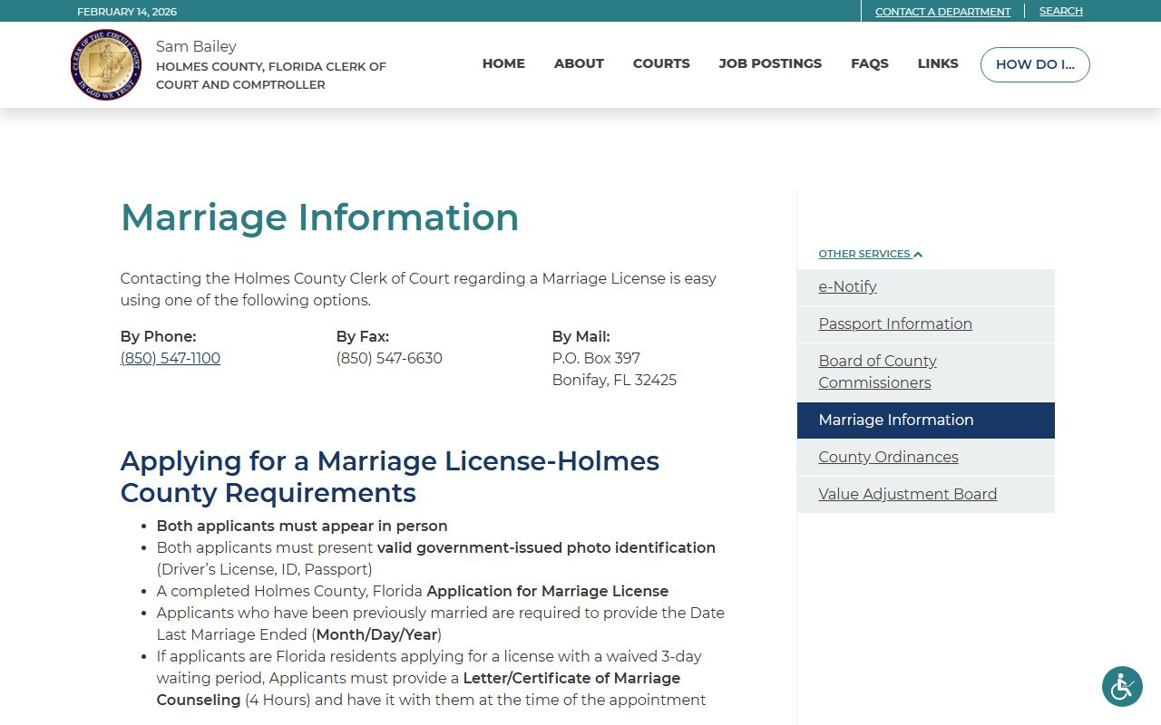 Holmes County Clerk marriage information page