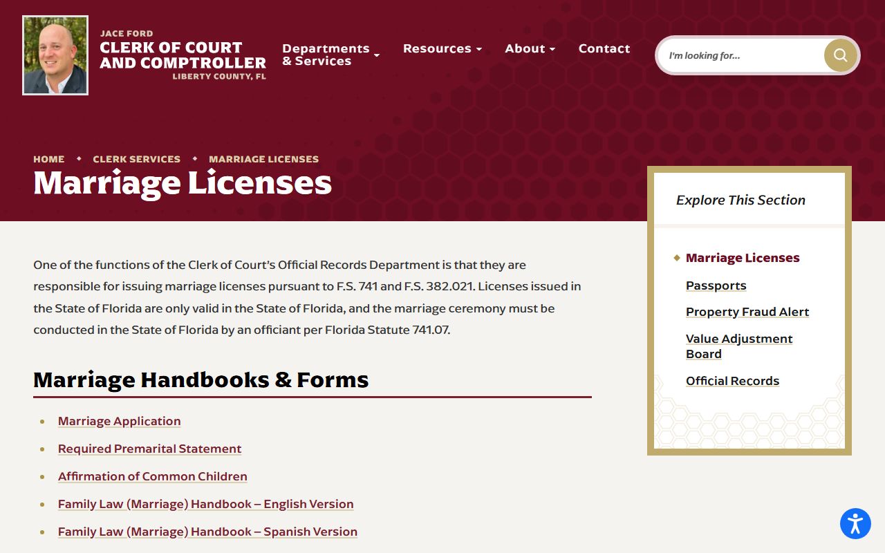 Liberty County Clerk marriage license services page