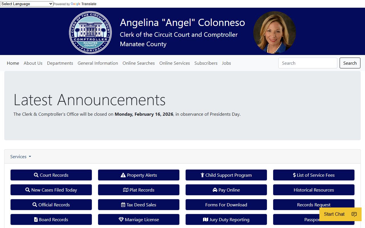 Manatee County Clerk homepage for marriage license services