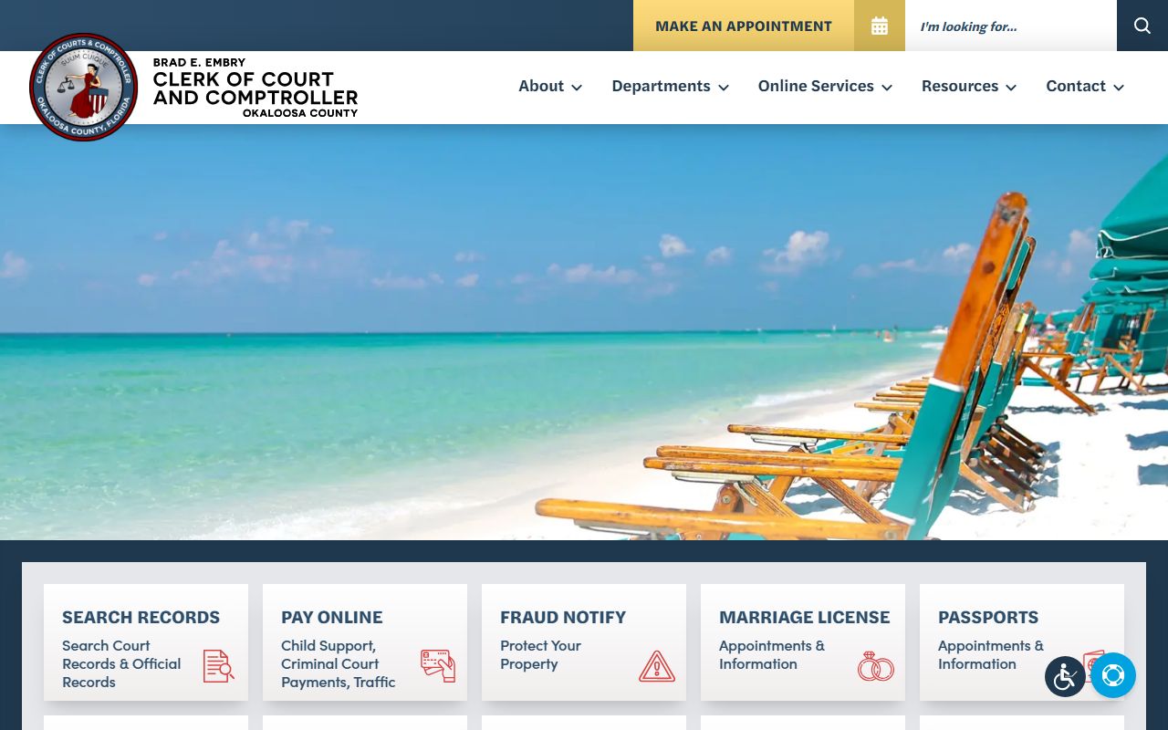 Okaloosa County Clerk homepage for marriage license services