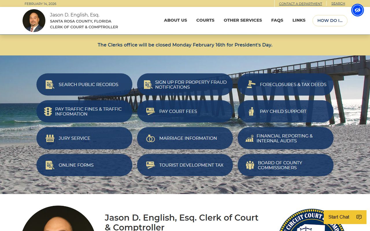 Santa Rosa County Clerk homepage for marriage license services