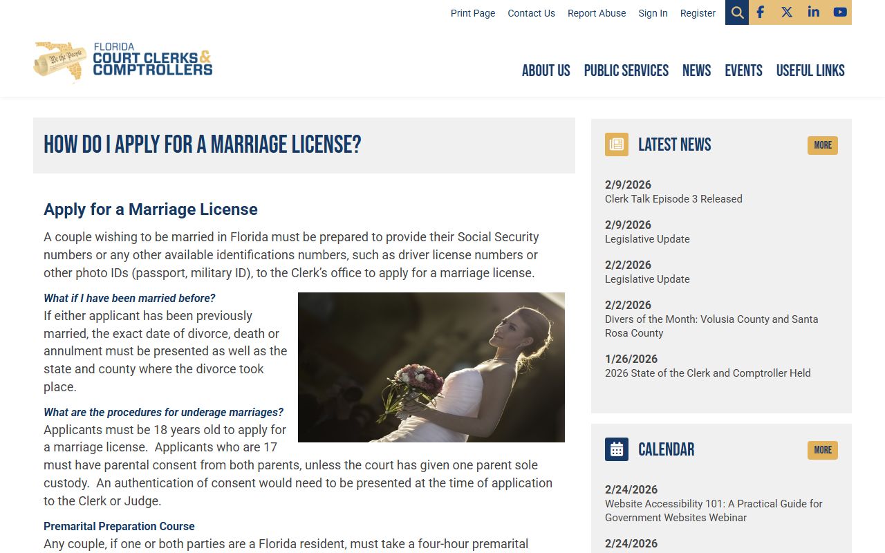 Florida Clerks marriage license information page