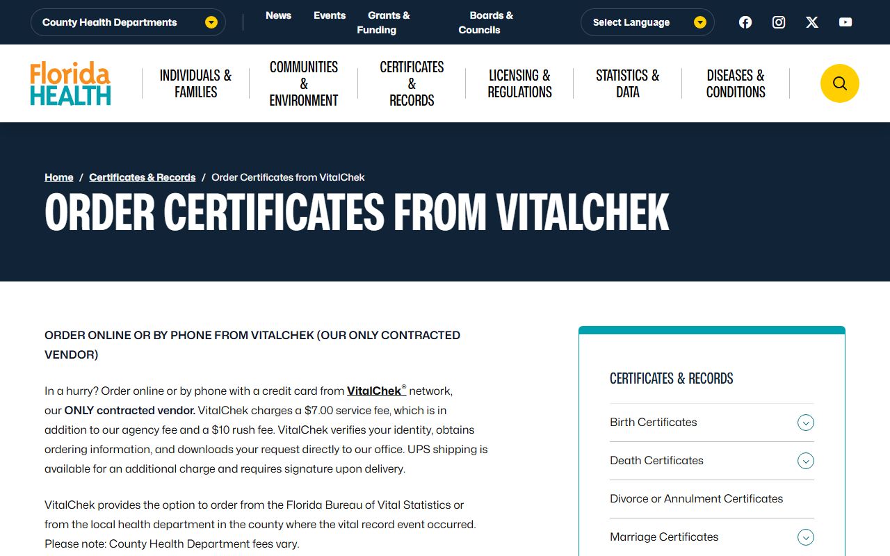 Florida Department of Health VitalChek ordering portal for marriage records