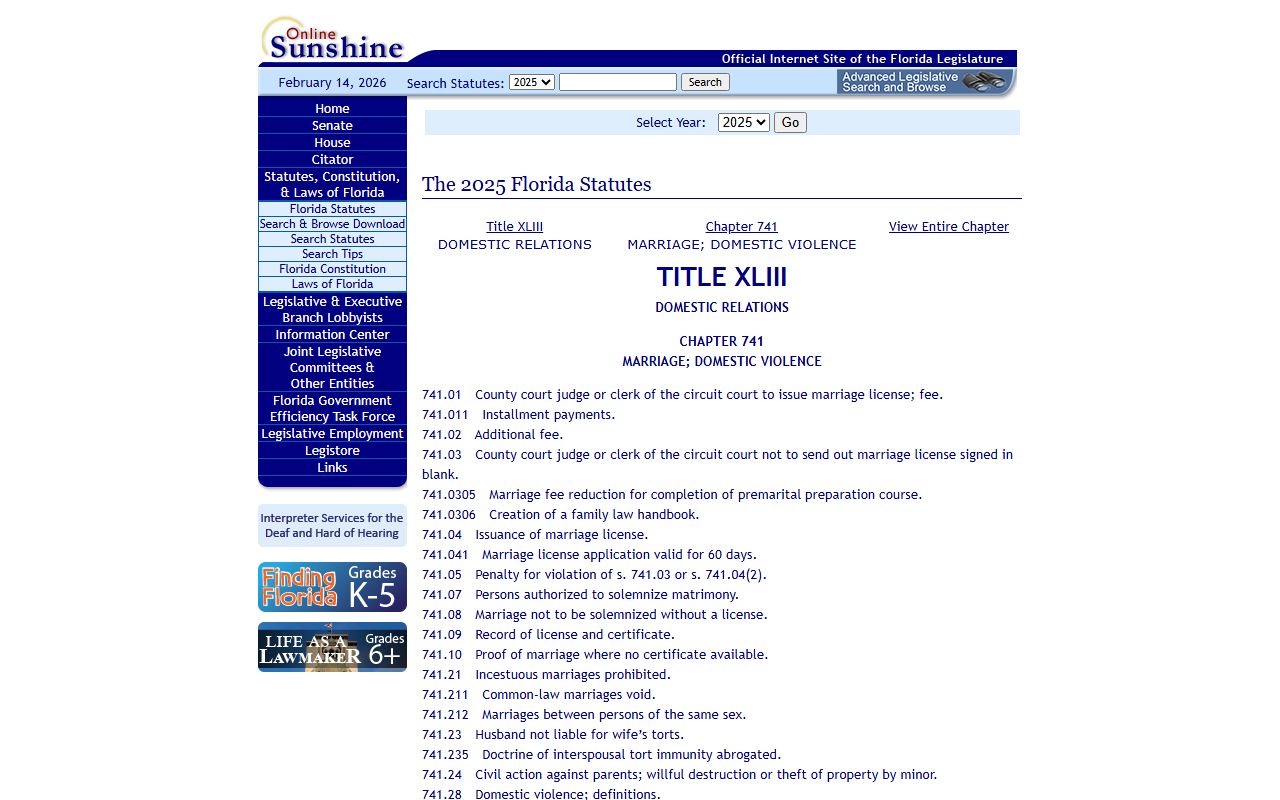 Florida legislature marriage statutes Chapter 741